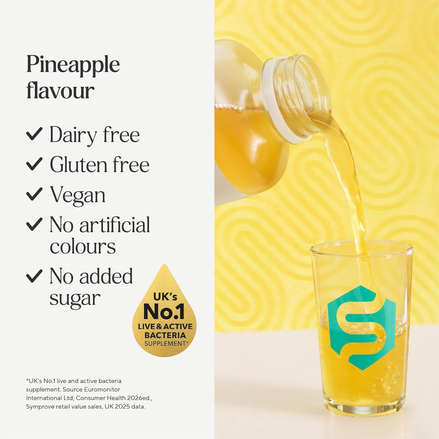 Symprove Liquid Probiotic Pineapple 4 x 500ml probiotic drink pouring dairy free gluten free vegan
