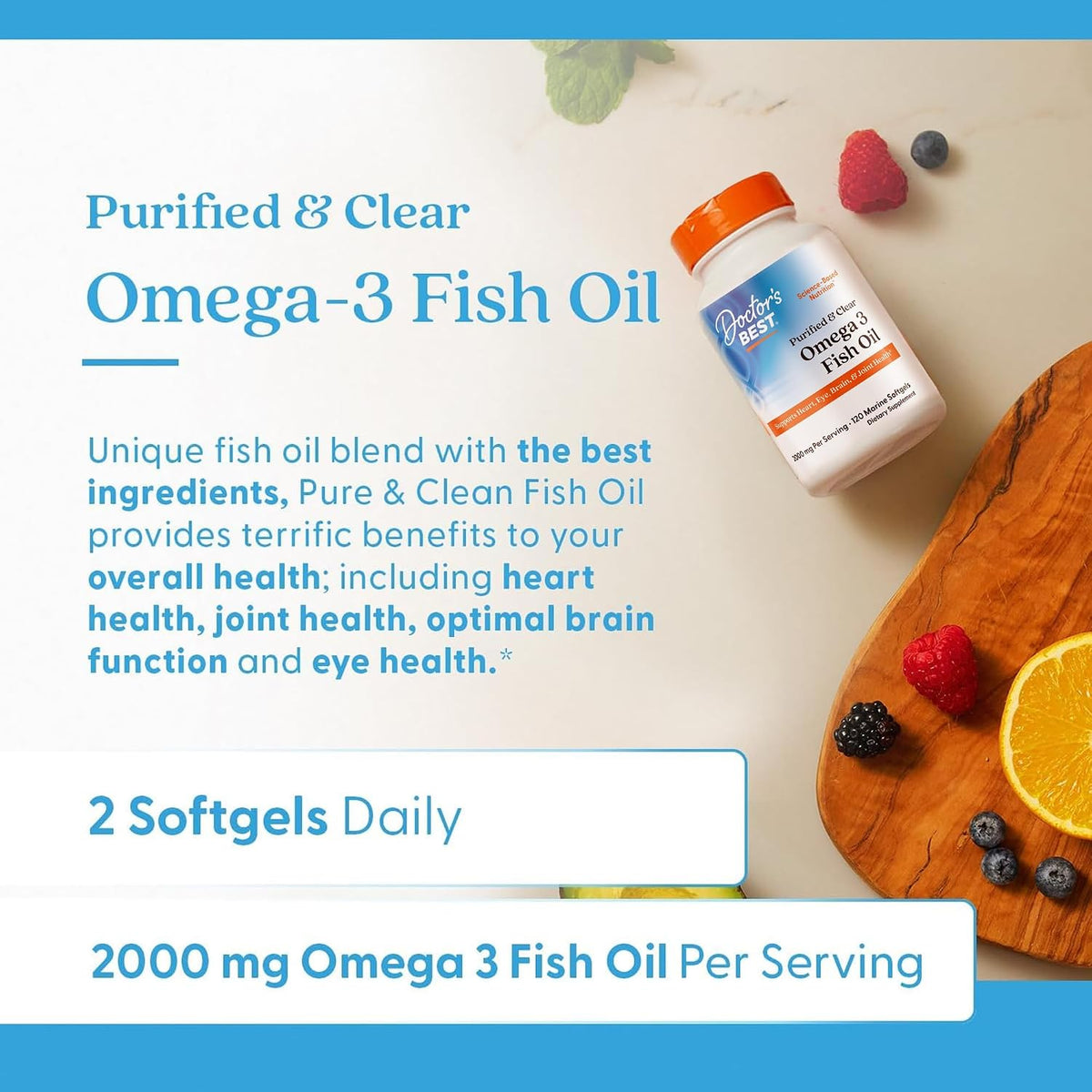 Doctor's Best Purified & Clear Omega 3 Fish Oil, bottle packaging, no flavour, 2000mg, 120 marine softgels, daily use instructions