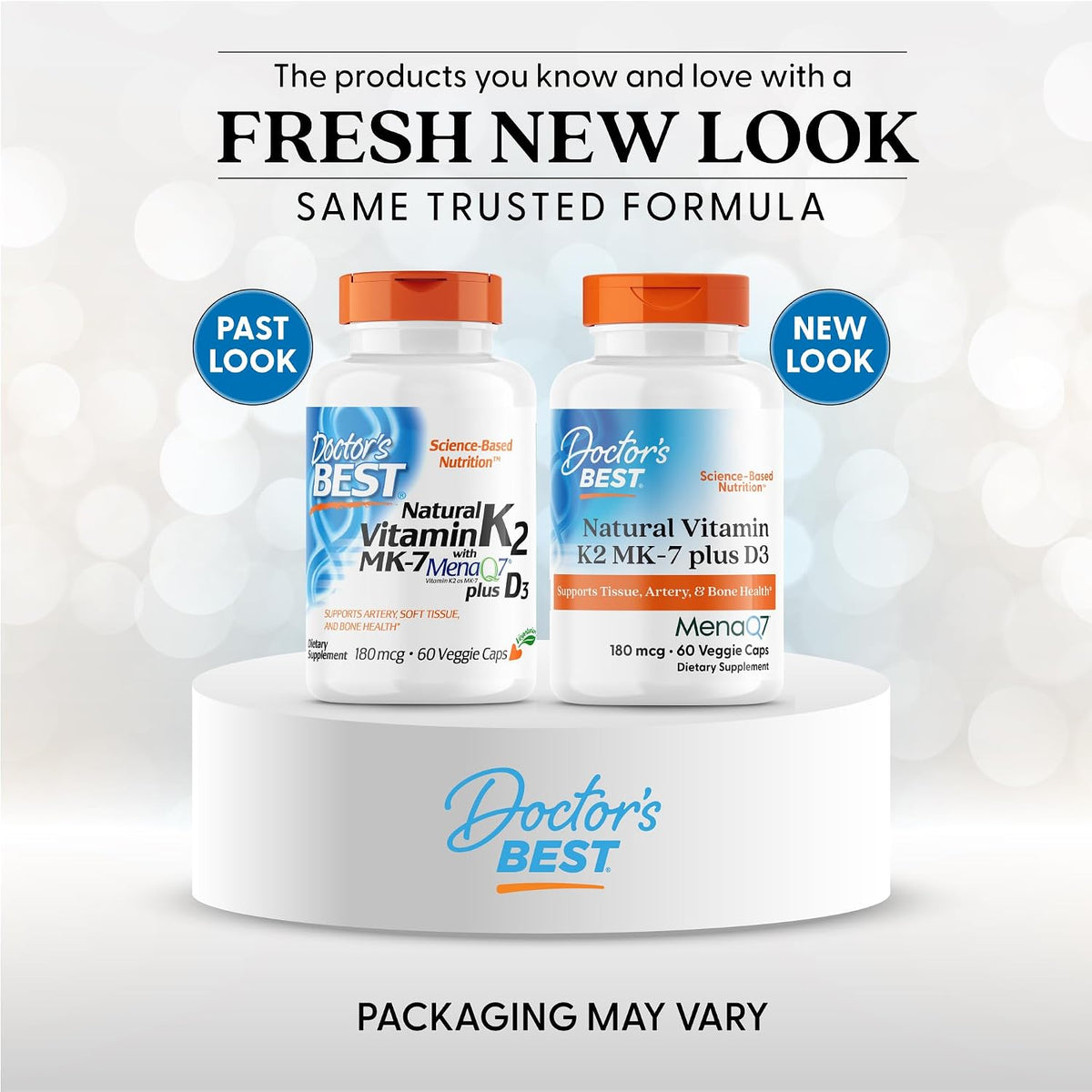 Doctor's Best Natural Vitamin K2 MK-7 plus D3, bottle packaging, unflavoured, 180mcg, 60 veggie capsules, new packaging
