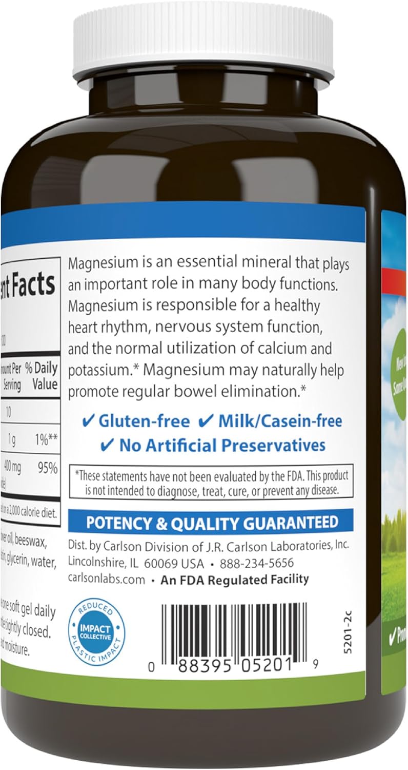 Barcode image & Directions: Carlson Magnesium Gels 400 mg softgels barcode bottle 100 count