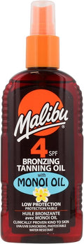 Spray huile bronzante Malibu SPF 4 avec huile de Monoi, résistant à l'eau, 200ml