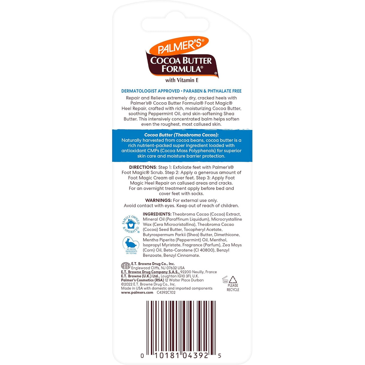 Palmer's Cocoa Butter Formula Foot Magic Heel Repair Stick 25g ingredients label with cocoa butter and shea butter & barcode