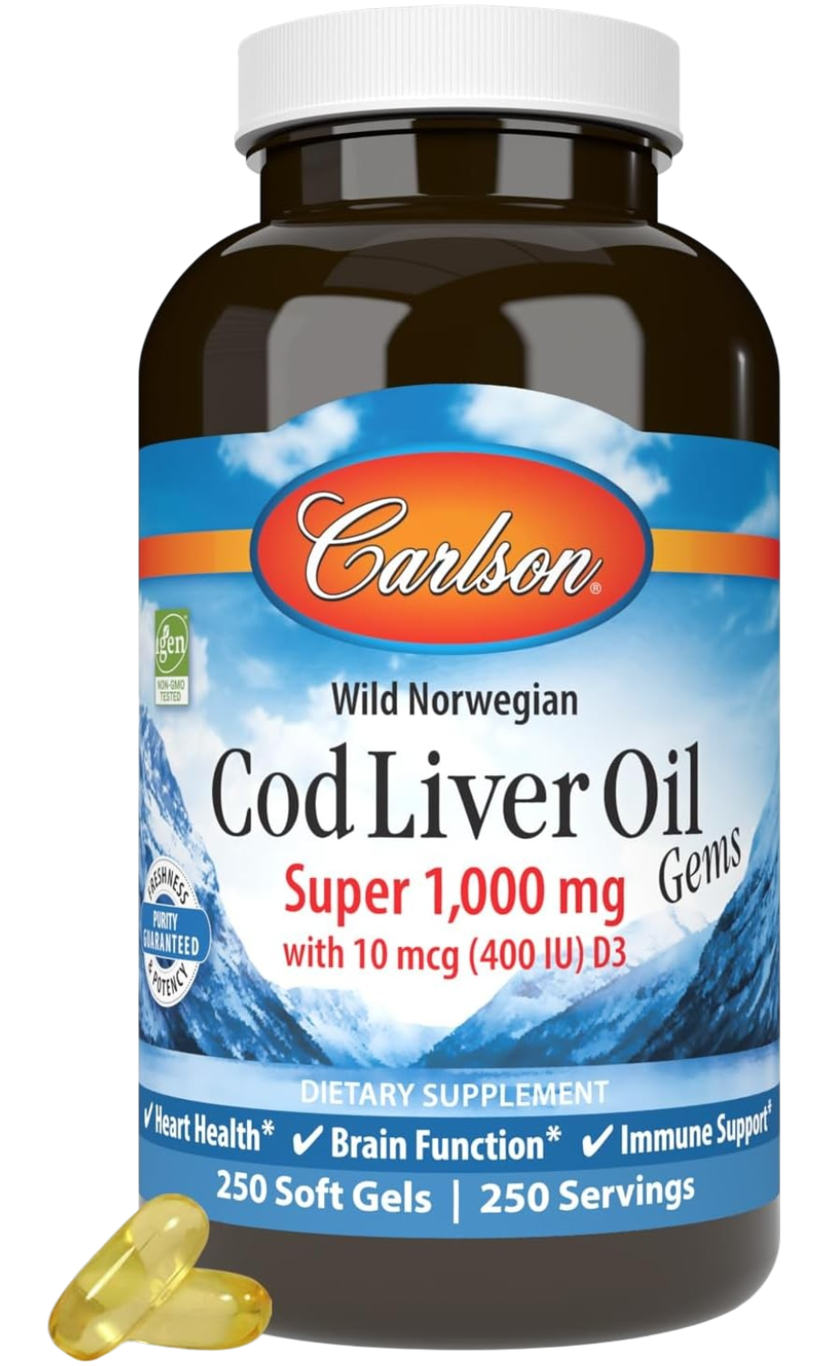 Front image: Carlson Cod Liver Oil Gems 1000 mg softgels vitamin D3 250 bottle