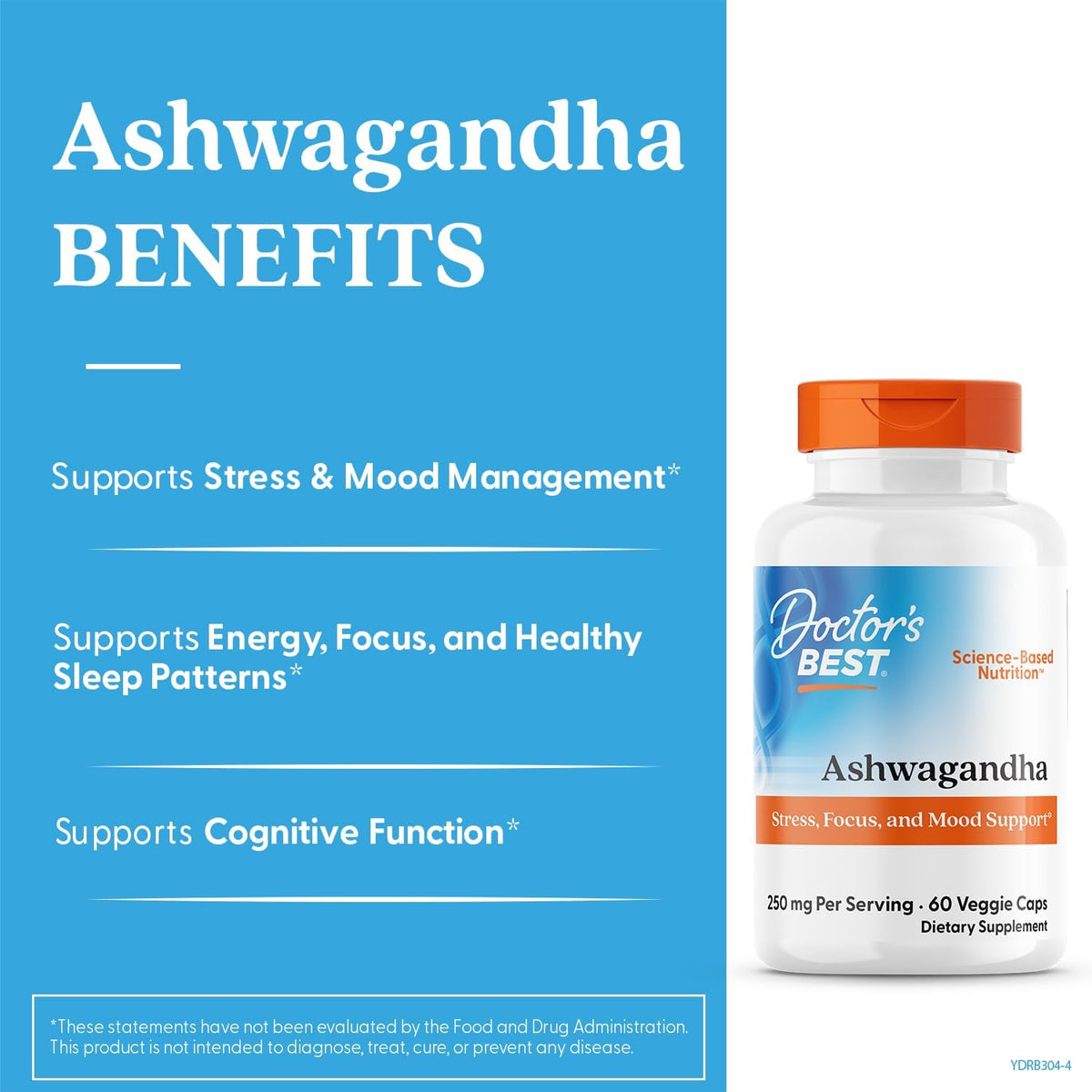 Doctor's Best Ashwagandha with Sensoril, bottle packaging, unflavoured, 250mg, 60 veggie capsules, daily dietary supplement use