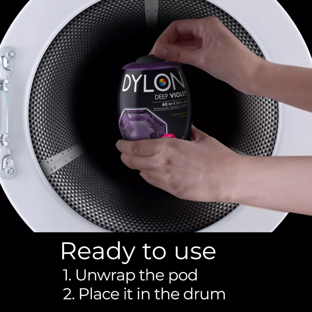 Dylon All-in-1 Washing Machine Fabric Dye Pod Deep Violet 350g usage instructions packaging