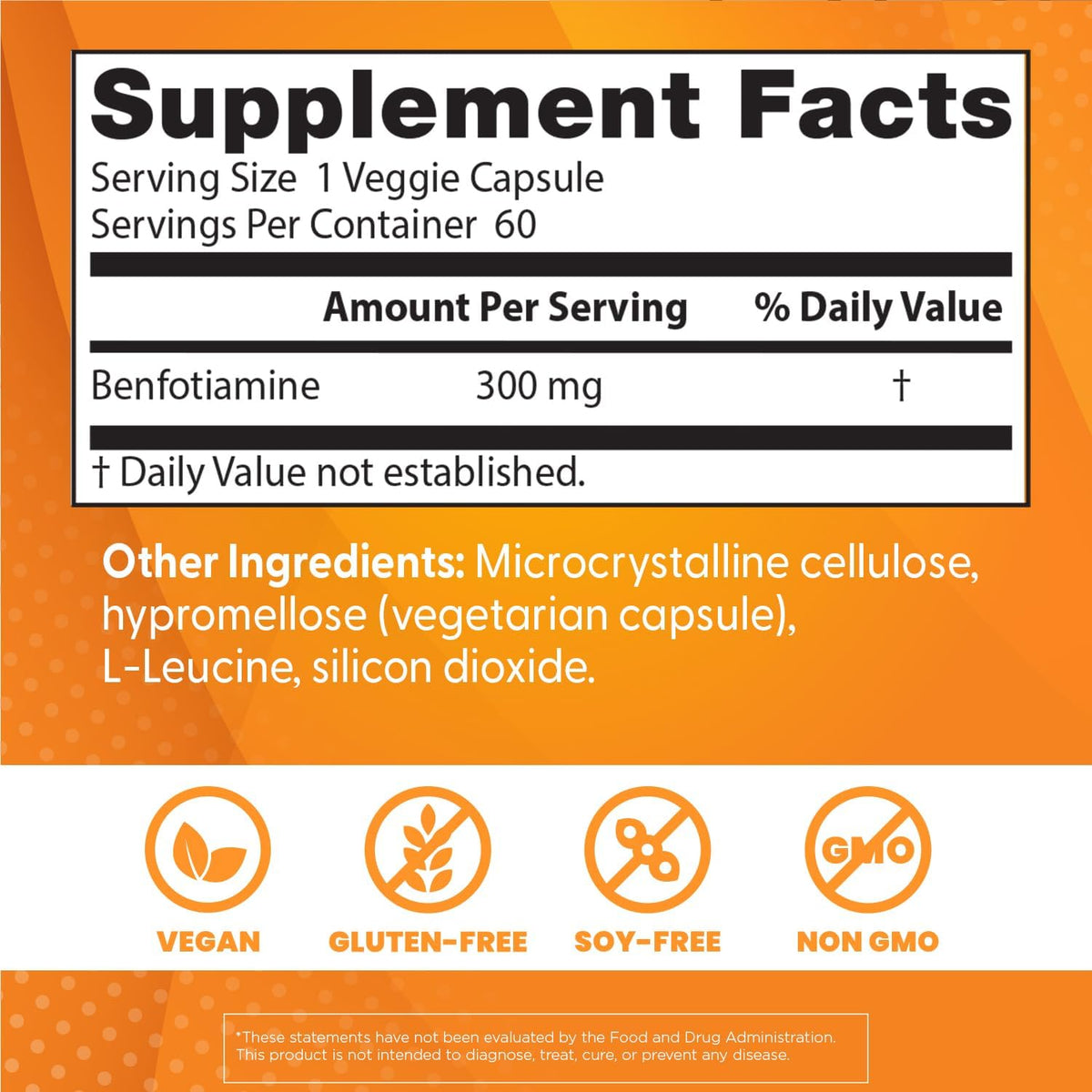 Doctor's Best Benfotiamine, bottle packaging, no flavour, 300mg, 60 veggie capsules, supplement facts and ingredients