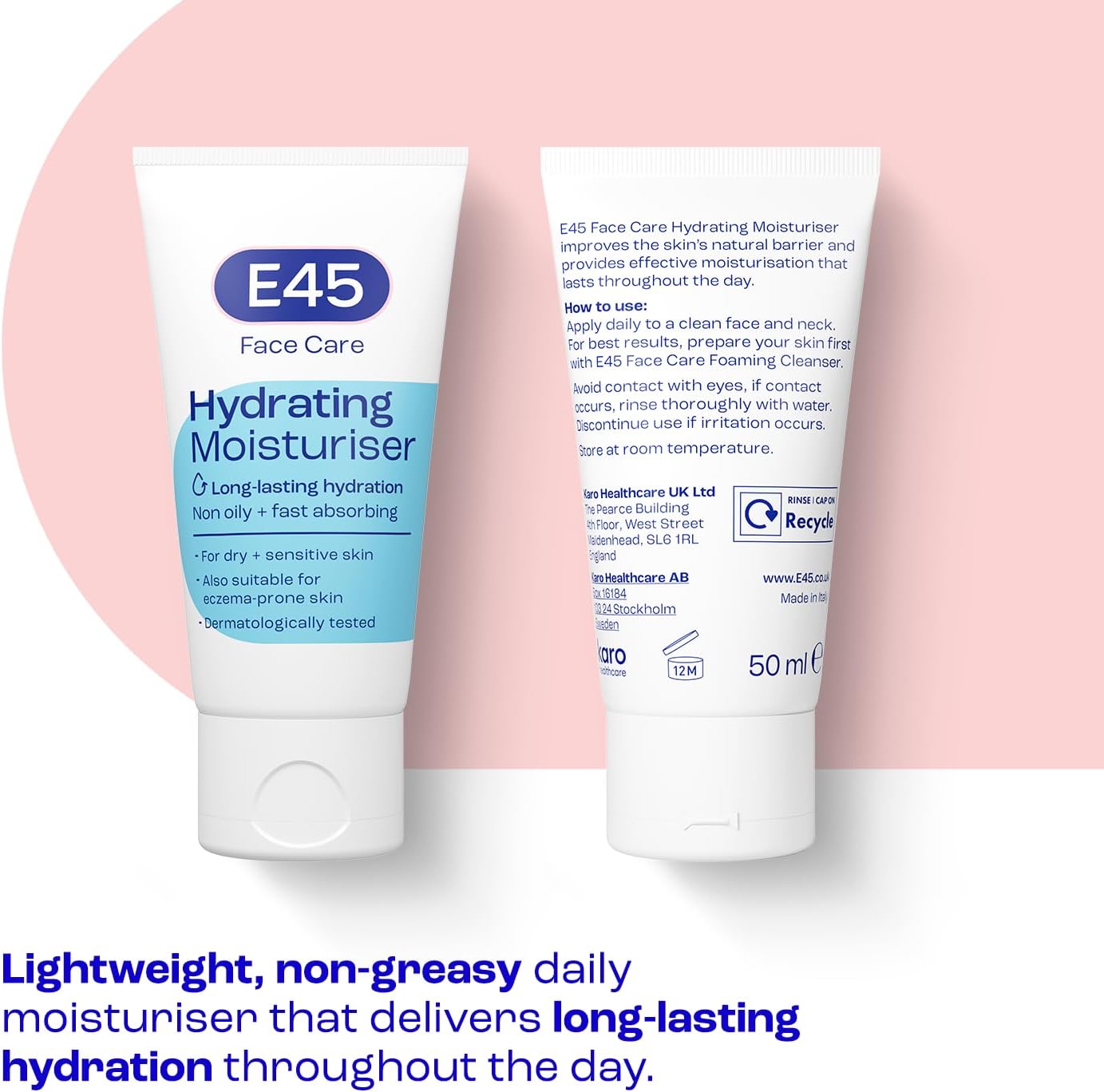 E45 Face Care Hydrating Moisturiser barcode on facial skincare tube 50ml