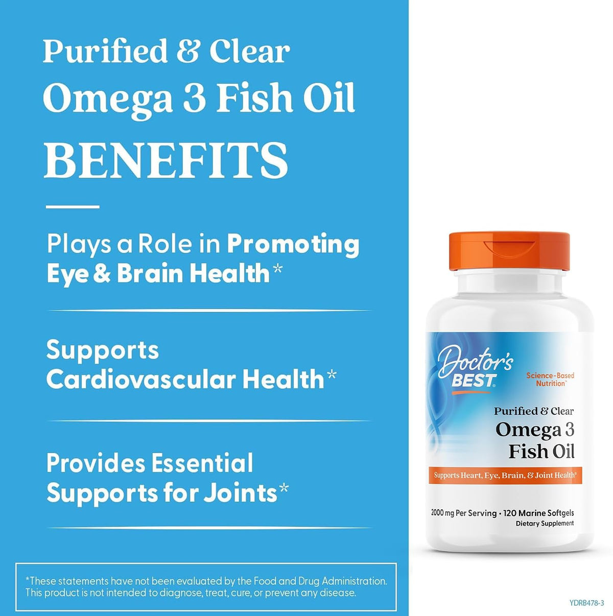 Doctor's Best Purified & Clear Omega 3 Fish Oil, bottle packaging, no flavour, 2000mg, 120 marine softgels, daily dietary supplement use