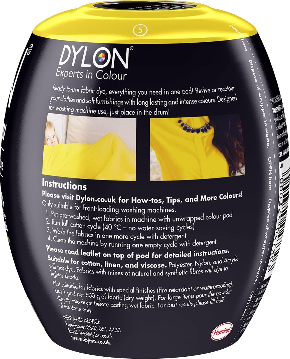 Dylon All-in-1 Washing Machine Fabric Dye Pod Sunflower Yellow 350g ingredients information packaging