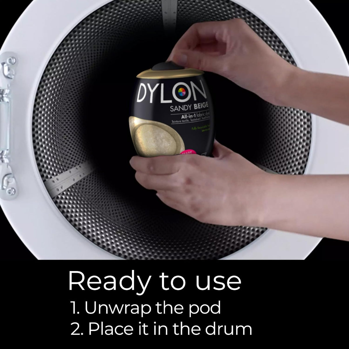 Dylon All-in-1 Washing Machine Fabric Dye Pod Sandy Beige 350g usage instructions packaging