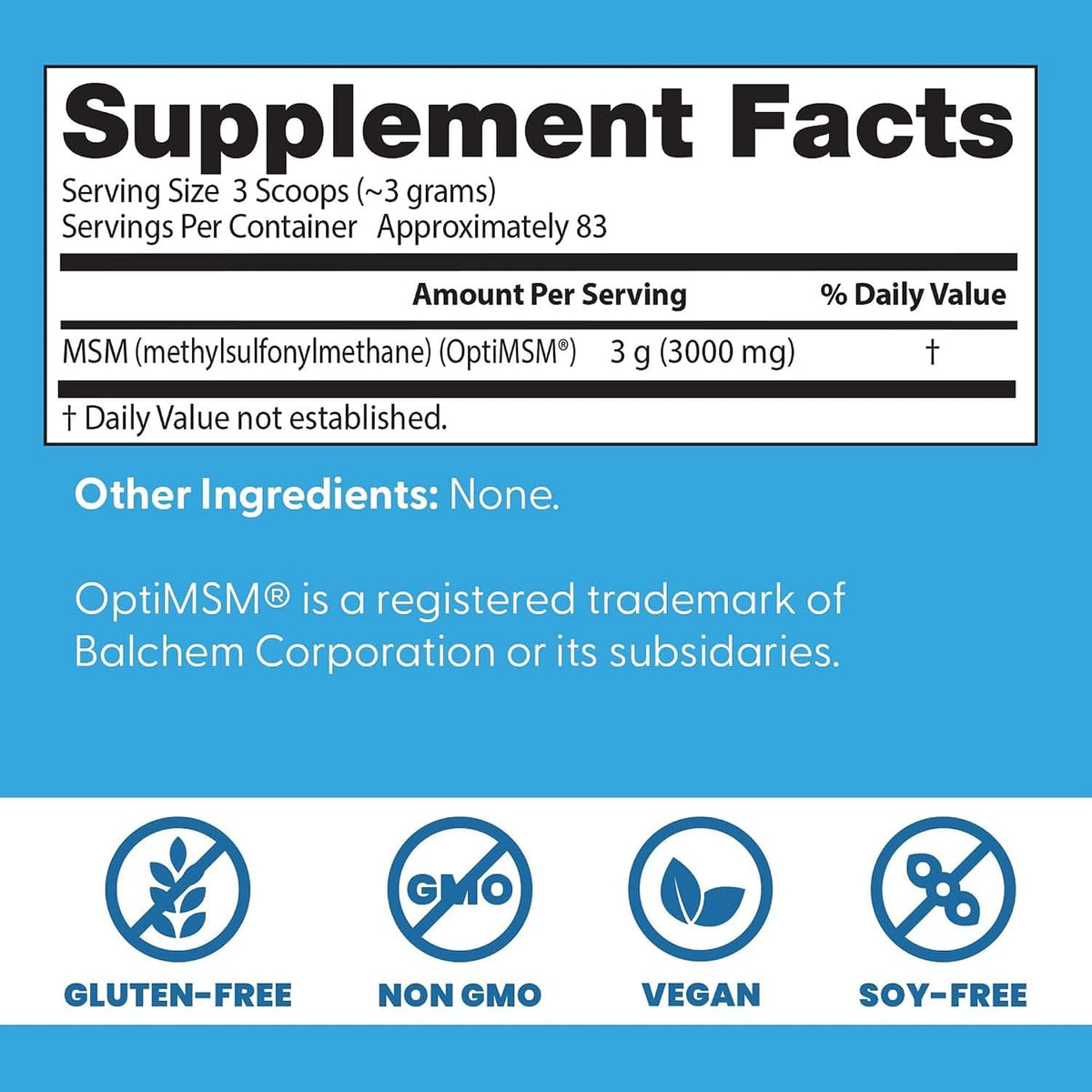 Doctor's Best MSM Powder with OptiMSM, container packaging, unflavoured, 250g, supplement facts and ingredients