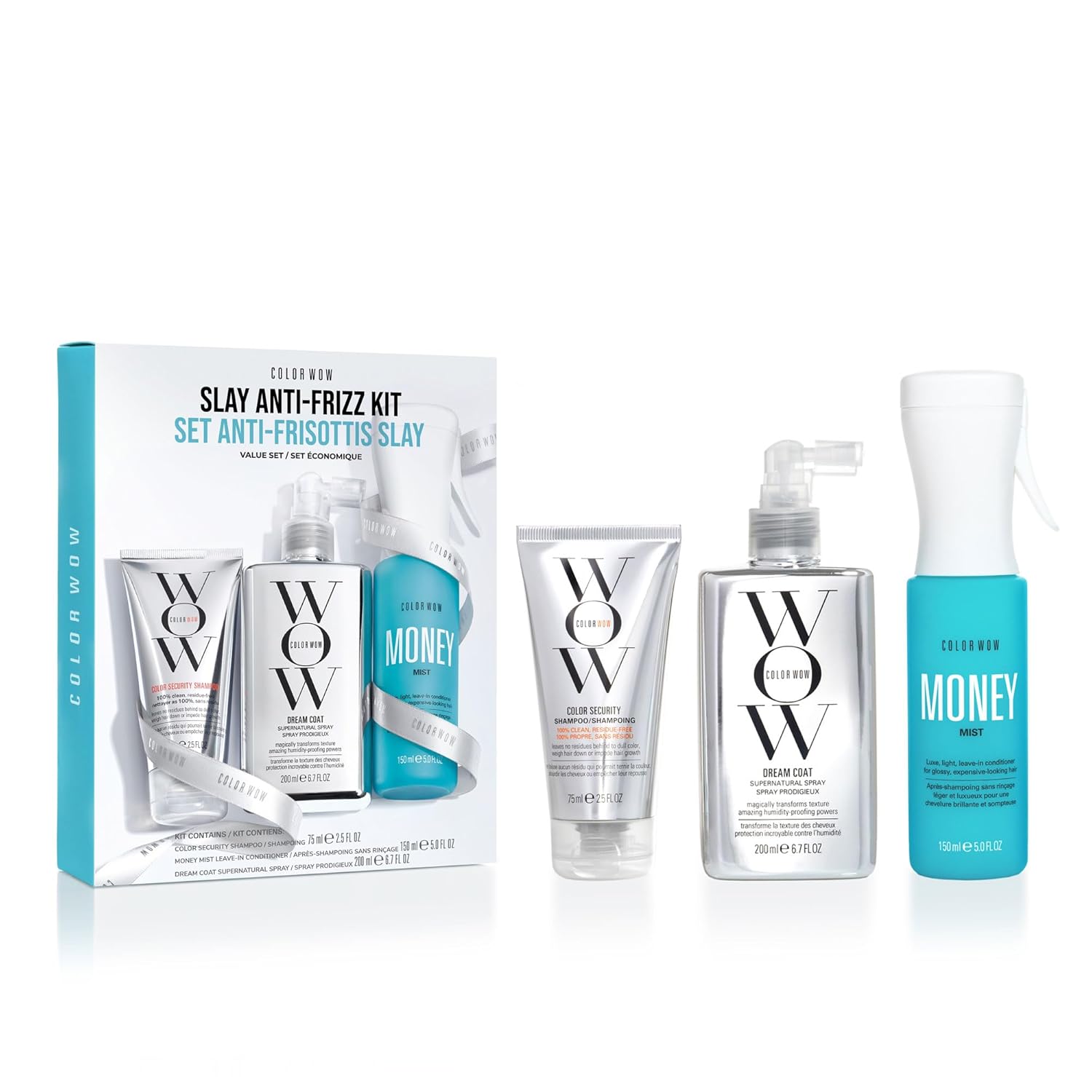 Color Wow Slay Anti-Frizz Kit box with shampoo, leave-in conditioner, and Dream Coat spray.