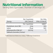 Supplement facts panel for Nutriburst Ashwagandha herbal supplement gummies.