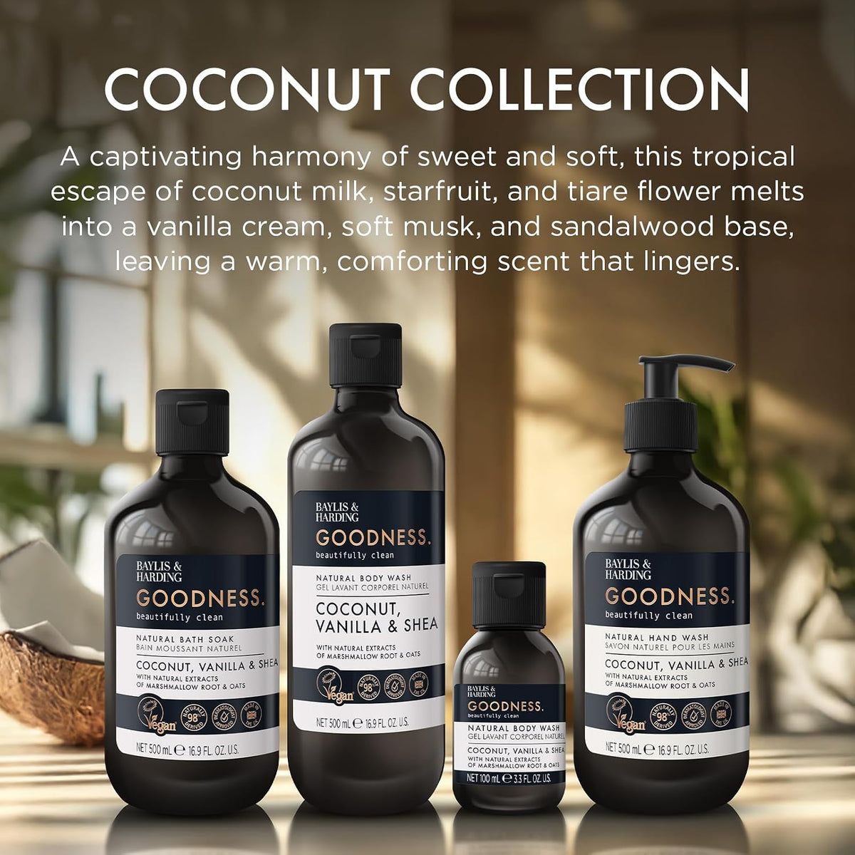 Baylis & Harding Goodness Coconut Vanilla Shea body wash 1L bottles 2 pack lifestyle use image collection