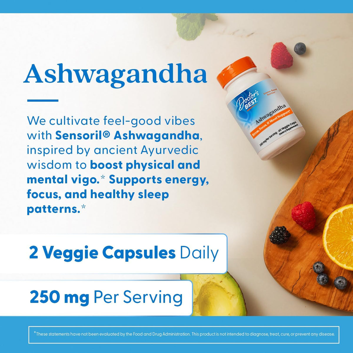 Doctor's Best Ashwagandha with Sensoril, bottle packaging, unflavoured, 250mg, 60 veggie capsules, daily use instructions
