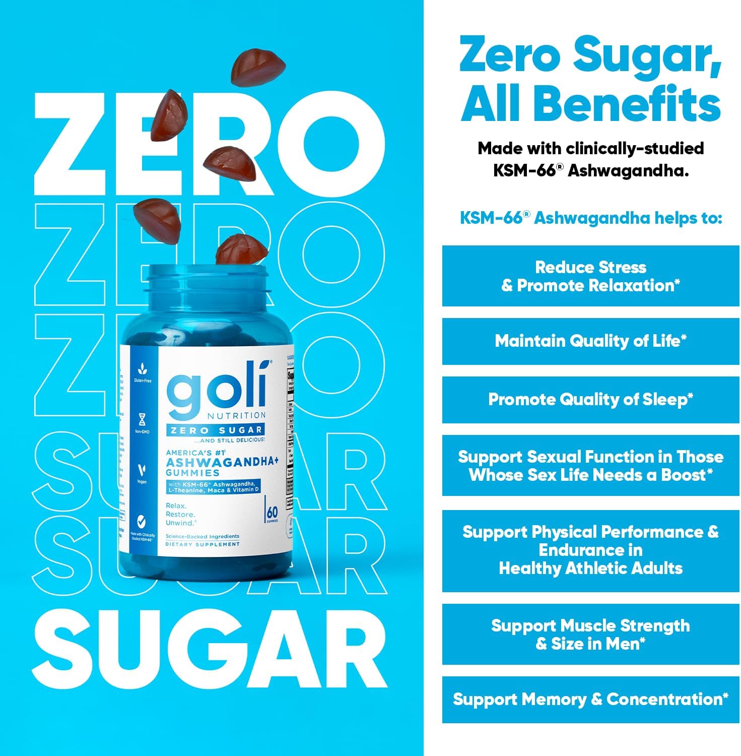 Goli Zero Sugar Ashwagandha Plus Gummies vegan supplement lifestyle image