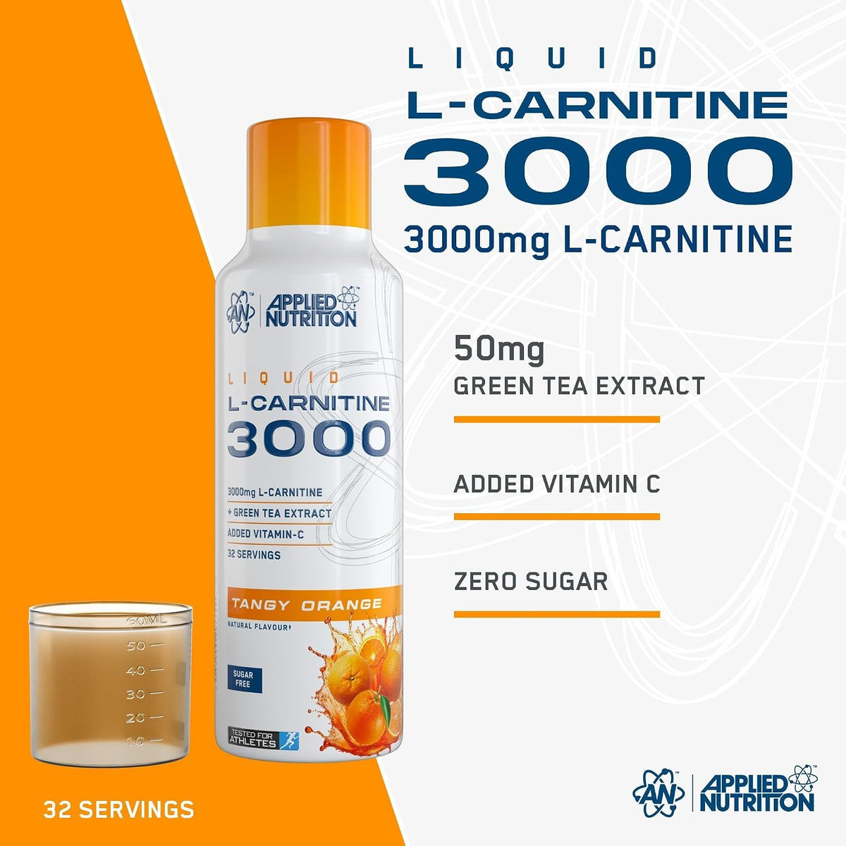 Applied Nutrition Liquid L-Carnitine 3000 Tangy Orange liquid supplement bottle 480ml supplement use
