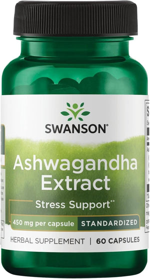 Swanson Ashwagandha Extract 450mg herbal supplement capsules bottle front label 60 capsules