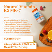 Doctor's Best Natural Vitamin K2 MK-7 with MenaQ7, bottle packaging, unflavoured, 45mcg, 60 or 180 veggie capsules, daily use instructions