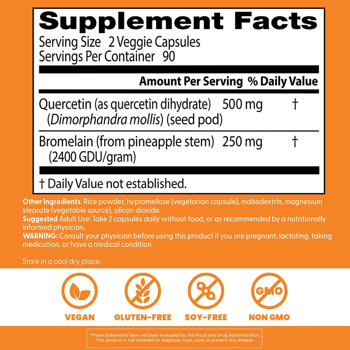 Doctor's Best Quercetin Bromelain, bottle packaging, unflavoured, 500mg quercetin and 250mg bromelain, 180 veggie capsules, supplement facts and ingredients