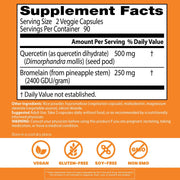 Doctor's Best Quercetin Bromelain, bottle packaging, unflavoured, 500mg quercetin and 250mg bromelain, 180 veggie capsules, supplement facts and ingredients