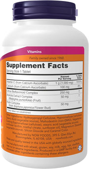 Supplement facts & ingredients image: NOW Vitamin C supplement facts label bottle 180 tablets