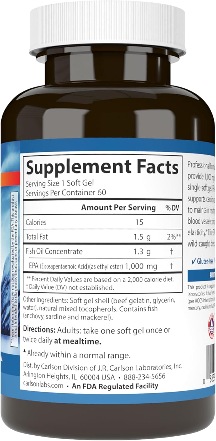 Supplement facts & ingredients image: Carlson Elite EPA Gems omega 3 EPA supplement facts softgels 60 count
