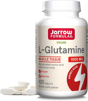 Front Image: Jarrow Formulas l glutamine 1000mg tablets 100 count front packaging bottle