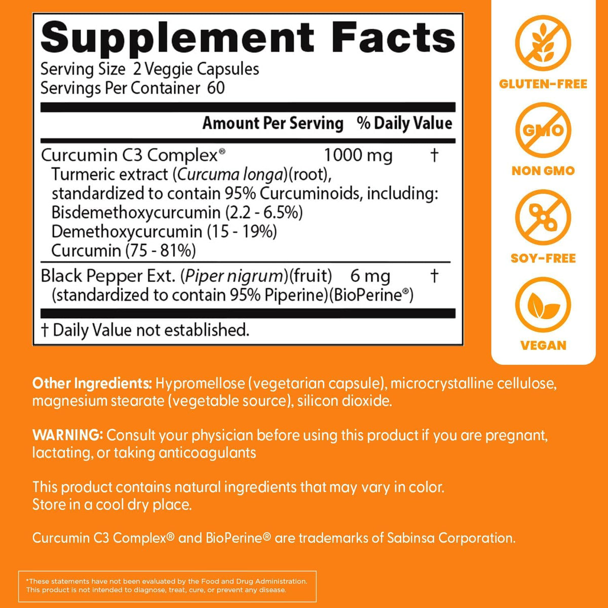 Doctor's Best High Absorption Curcumin, bottle packaging, unflavoured, 1000mg, 120 capsules, supplement facts and ingredients