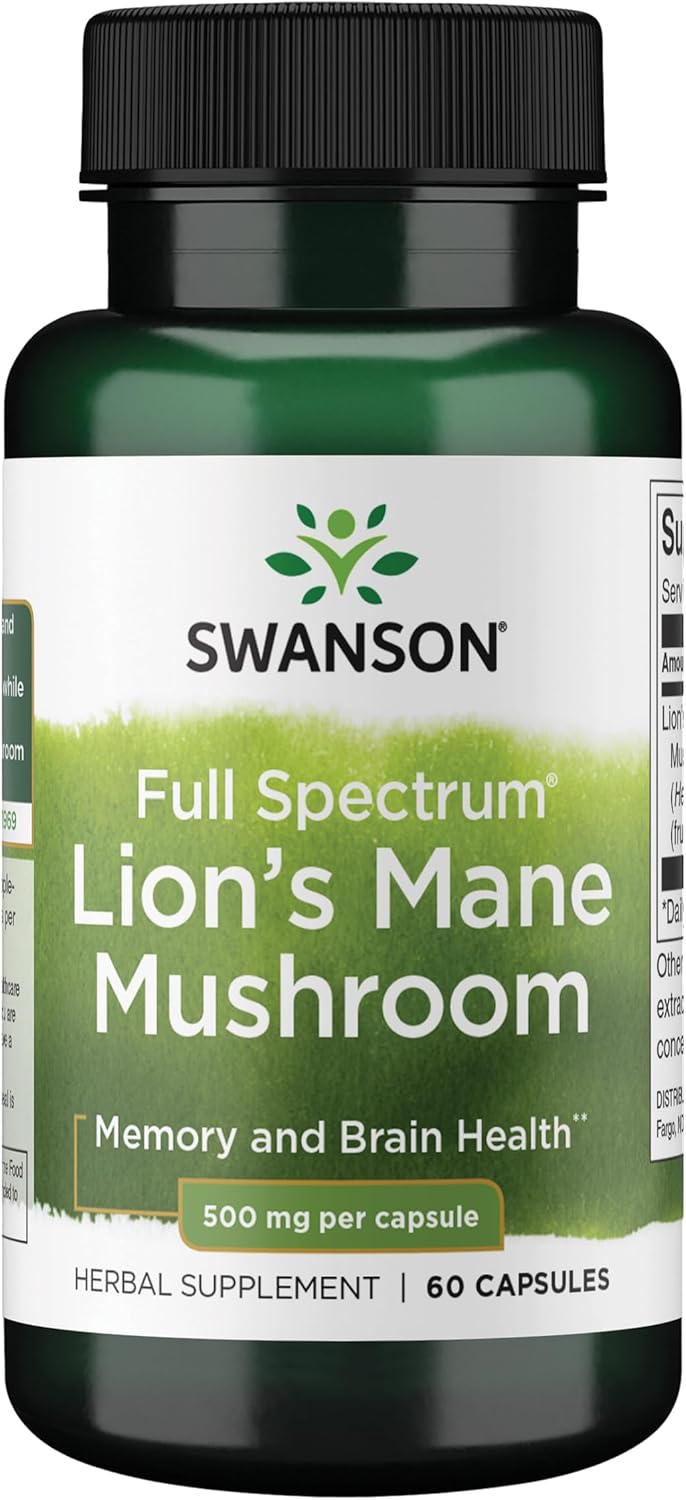 Swanson Full Spectrum Lion's Mane Mushroom 500mg 60 Capsules bottle on a white background