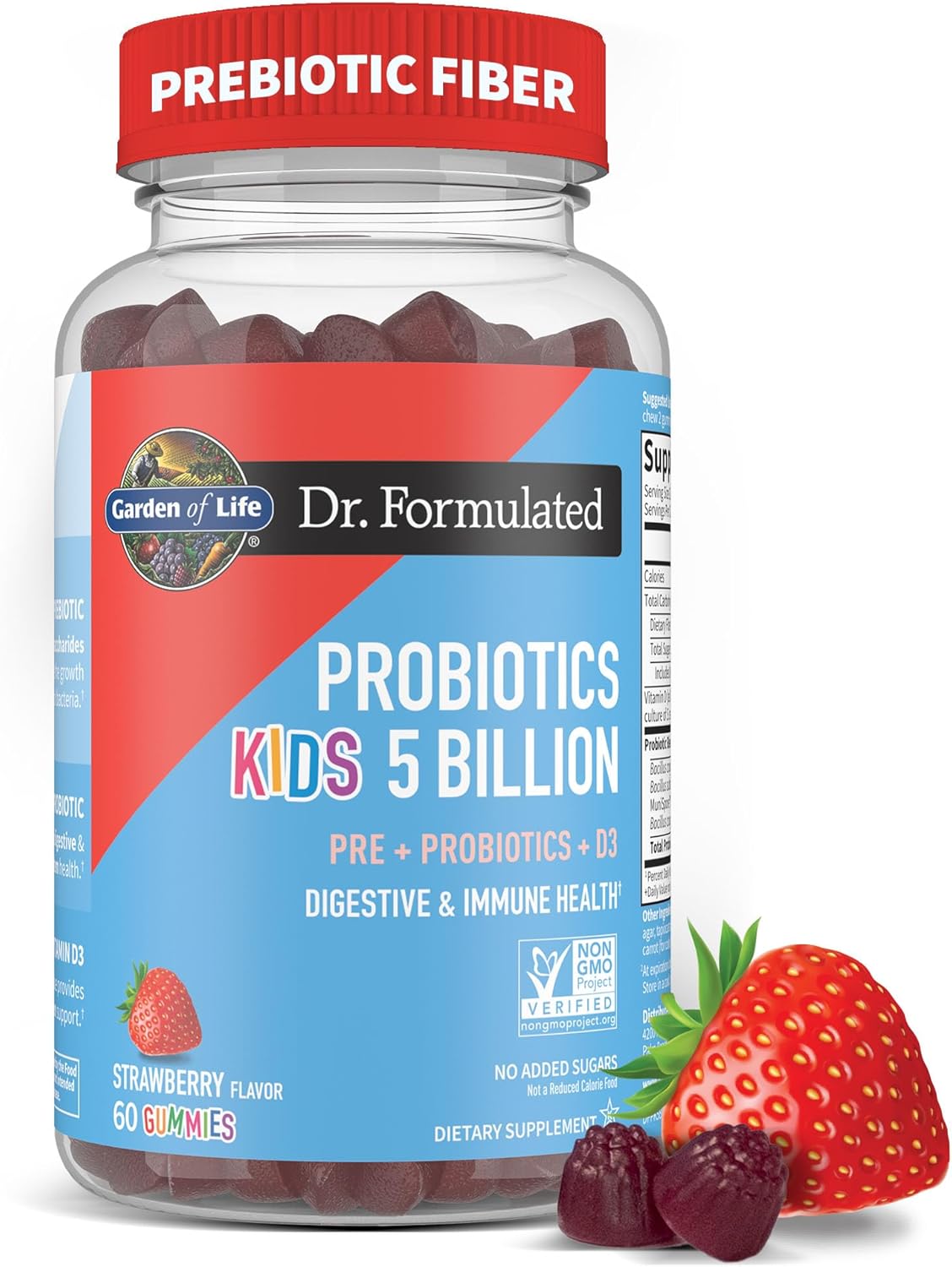 Garden of Life kids probiotic prebiotic fiber gummies strawberry bottle 60 gummies