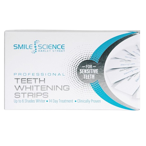 Box of Smile Science Harley Street Teeth Whitening Strips, 28 strips for home use.