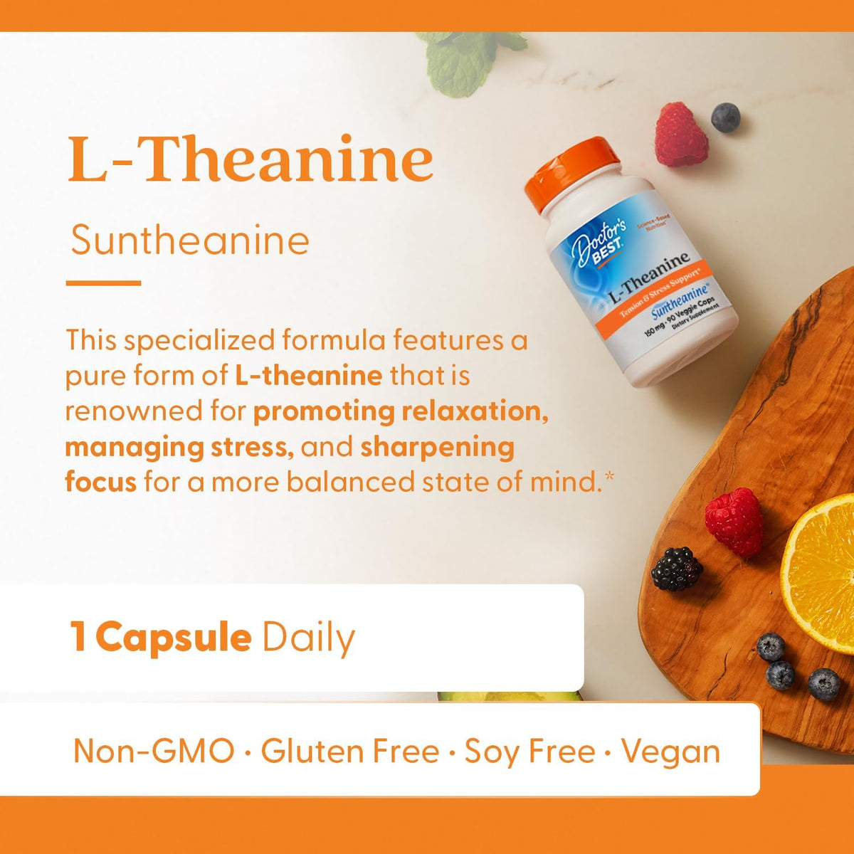Doctor's Best L-Theanine with Suntheanine, bottle packaging, unflavoured, 150mg, 90 veggie capsules, daily use instructions