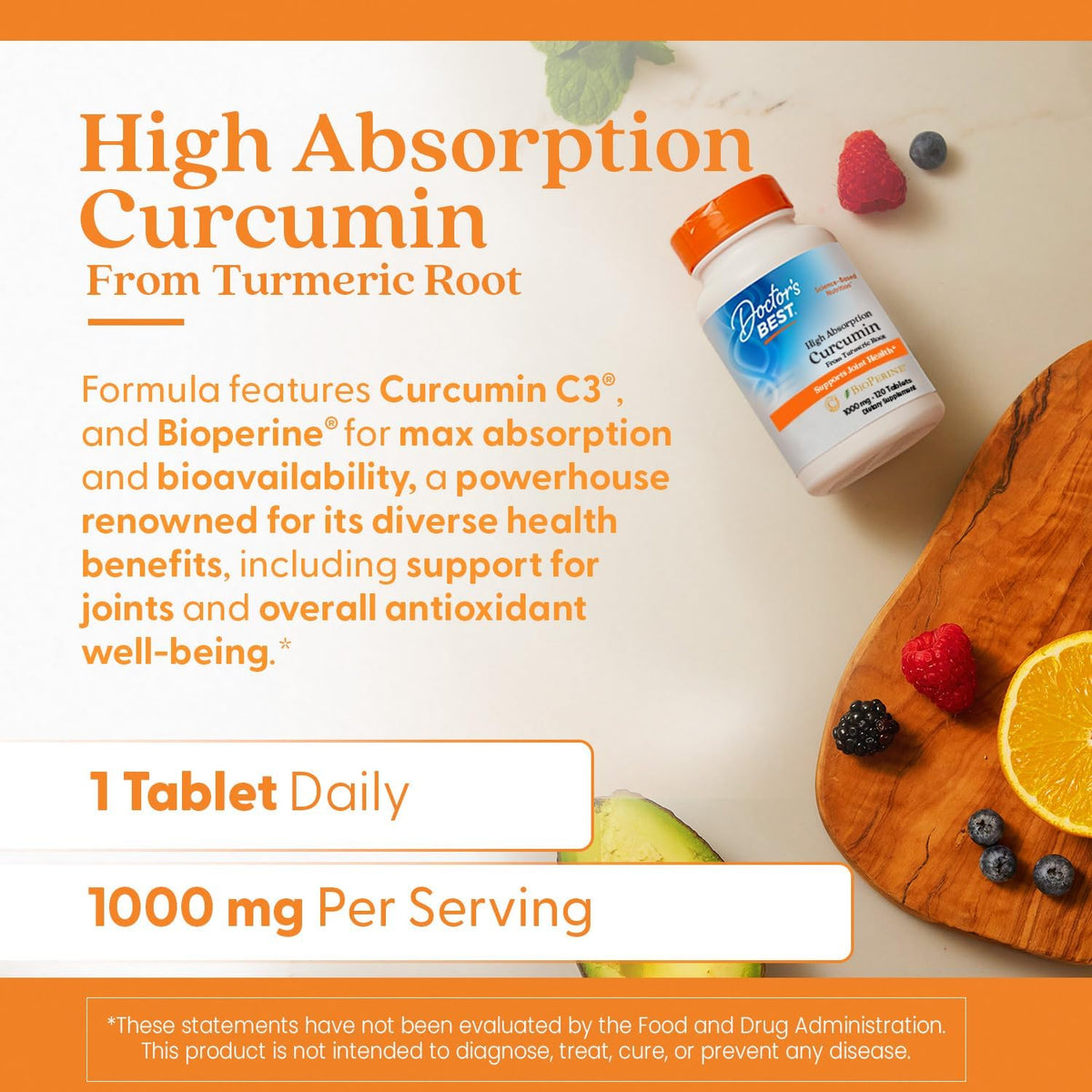 Doctor's Best High Absorption Curcumin, bottle packaging, unflavoured, 1000mg, 120 tablets, daily use instructions
