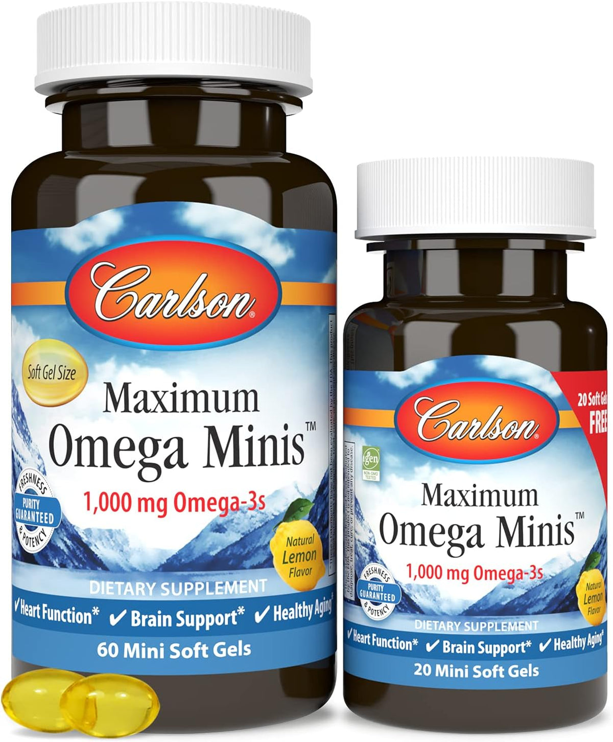Carlson Maximum Omega Minis Omega-3 lemon flavour bovine soft gels 1000mg 80 count front packaging
