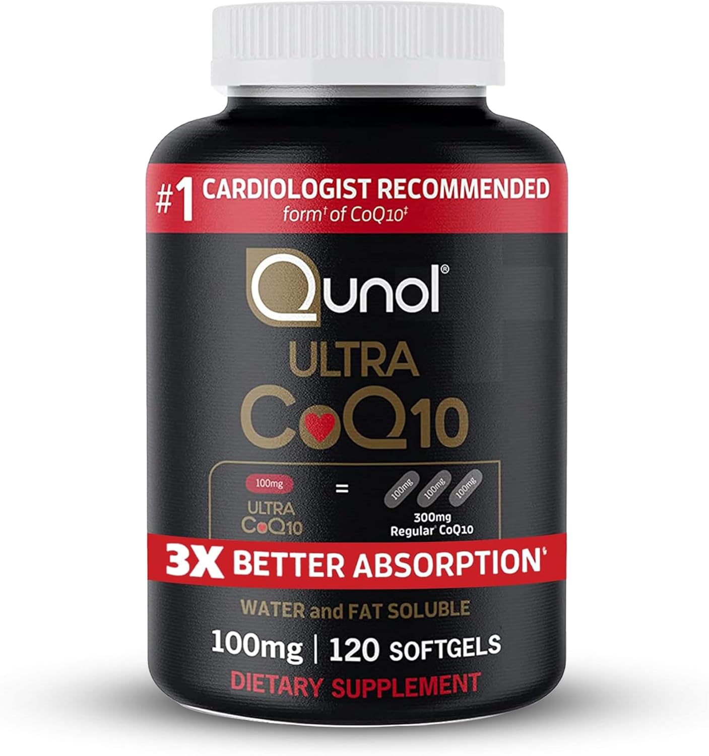 Front image: Qunol Ultra CoQ10 100mg softgels supplement bottle 120 count