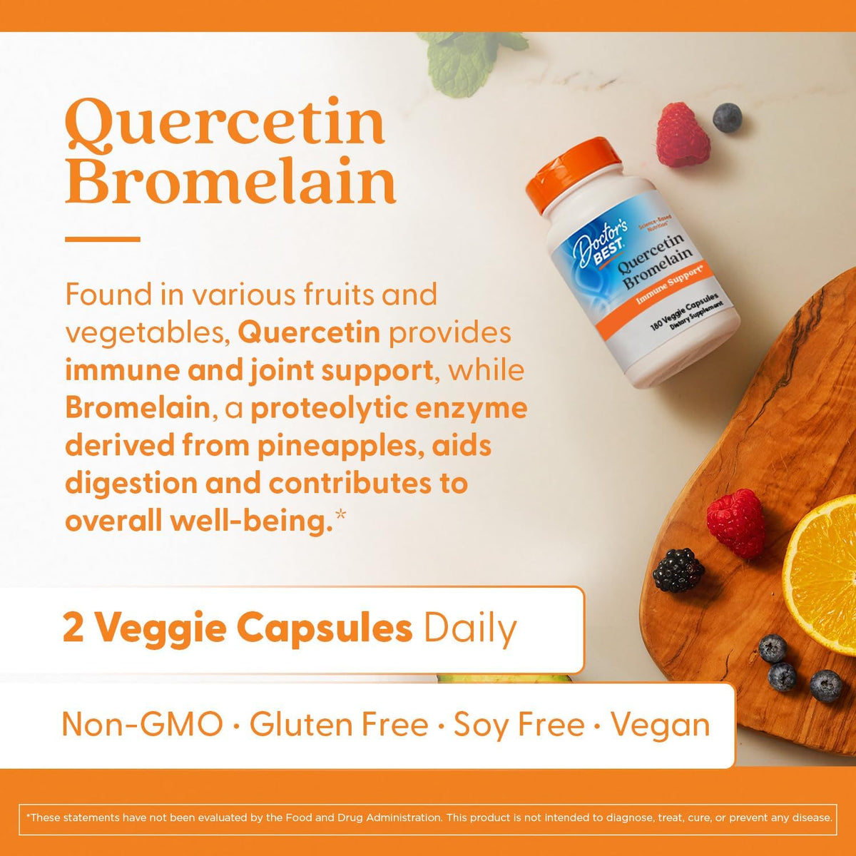 Doctor's Best Quercetin Bromelain, bottle packaging, unflavoured, 500mg quercetin and 250mg bromelain, 180 veggie capsules, daily use instructions
