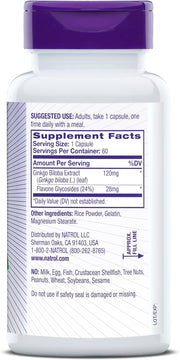 Natrol Ginkgo Biloba supplement facts label bottle 60 capsules