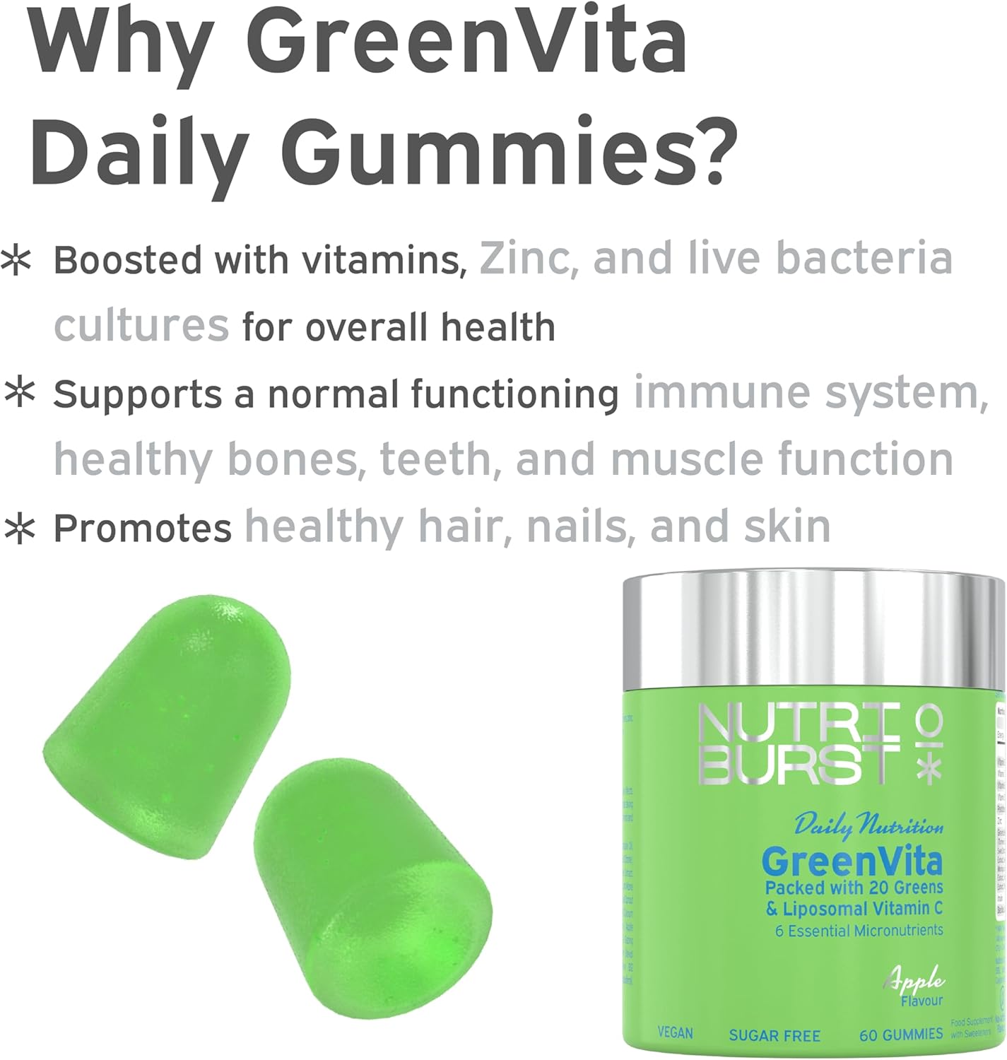 Nutriburst GreenVita Super Greens Blend Gummies jar, 60 count.