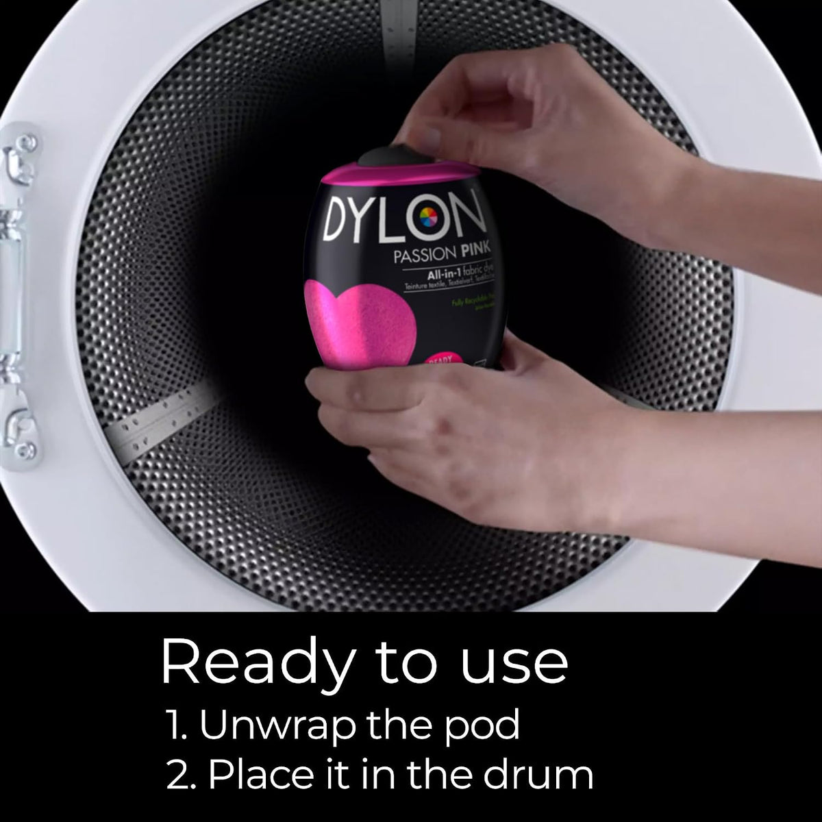 Dylon All-in-1 Washing Machine Fabric Dye Pod Passion Pink 350g usage instructions packaging