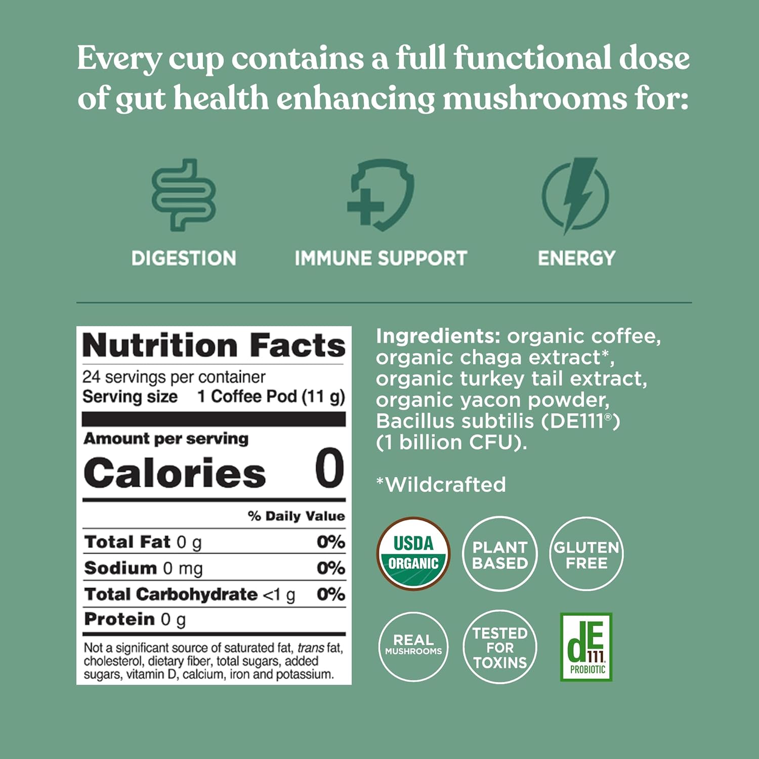 Four Sigmatic coffee pods ingredients and product information panel on packaging