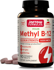 Front Image: Jarrow Formulas Methyl B-12 5000mcg chewable tablets fruit flavored bottle 90 count
