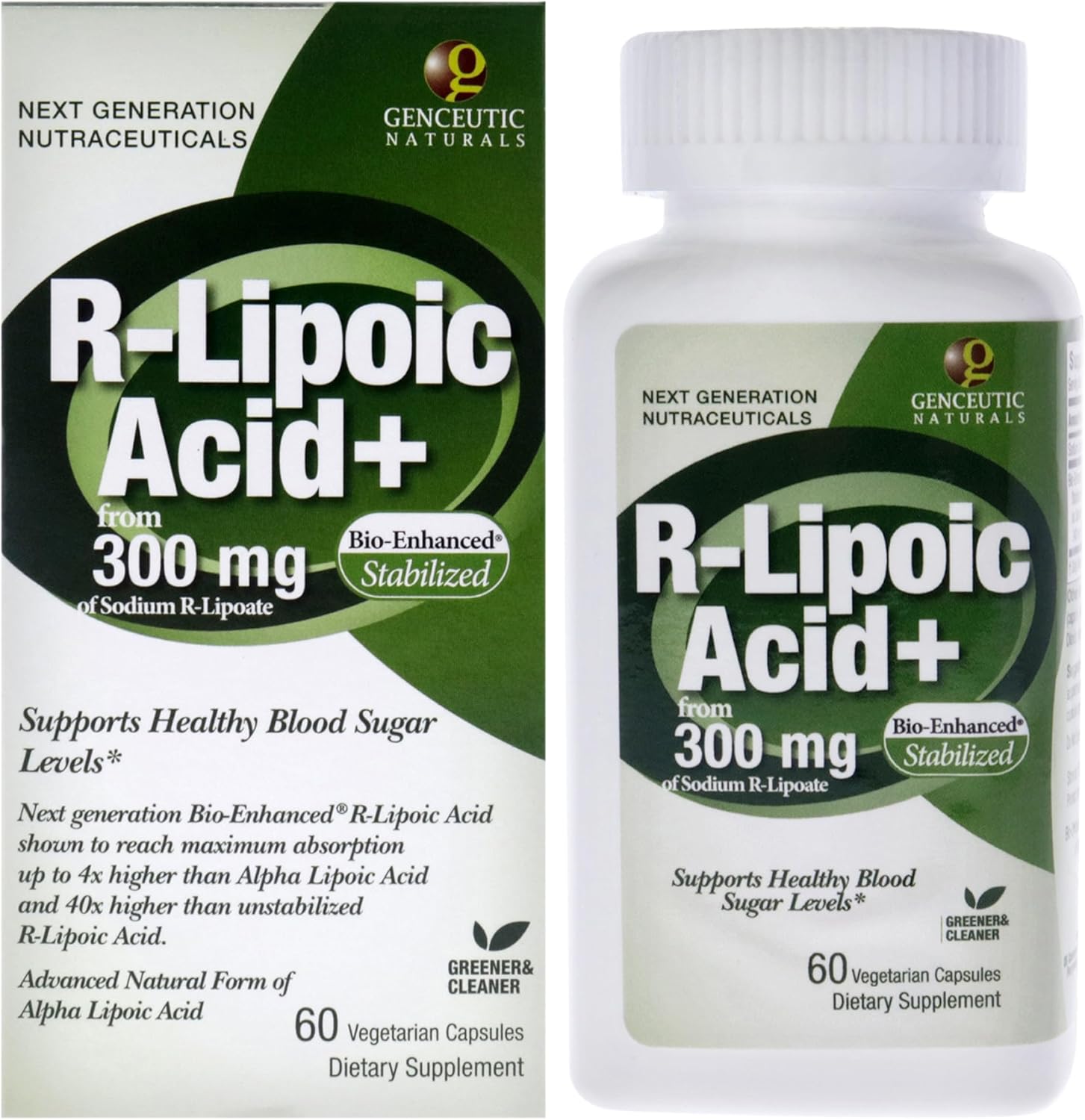 Genceutic Naturals R-Lipoic Acid 300mg capsules bottle & box front label 60 capsules