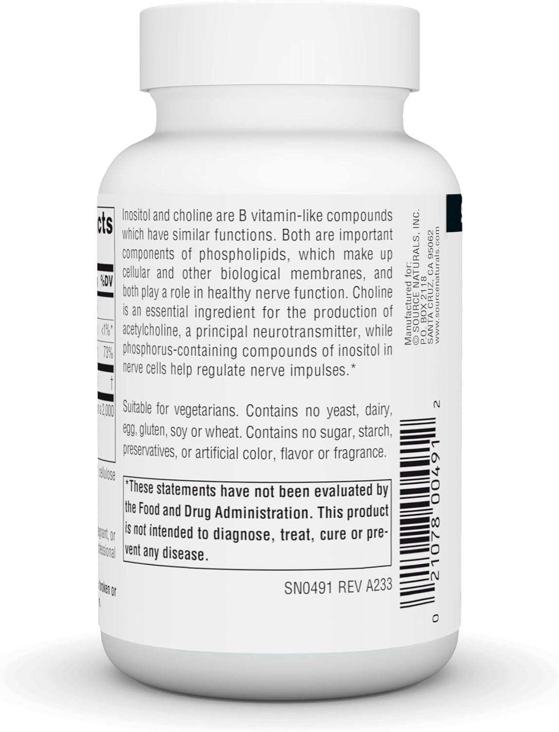 Barcode image: Source Naturals Inositol & Choline 800mg tablets bottle barcode 50 count