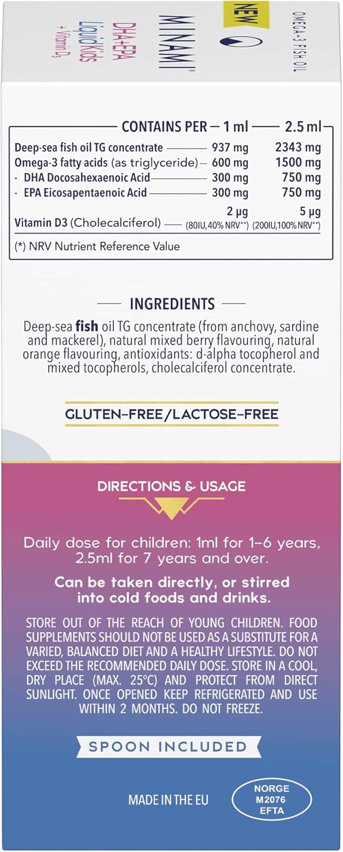 Nutritional information and dosage for Minami Kids Omega-3 Liquid box