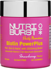 Nutriburst Biotin Power Plus 2500mcg Gummies jar, strawberry, 60 count.