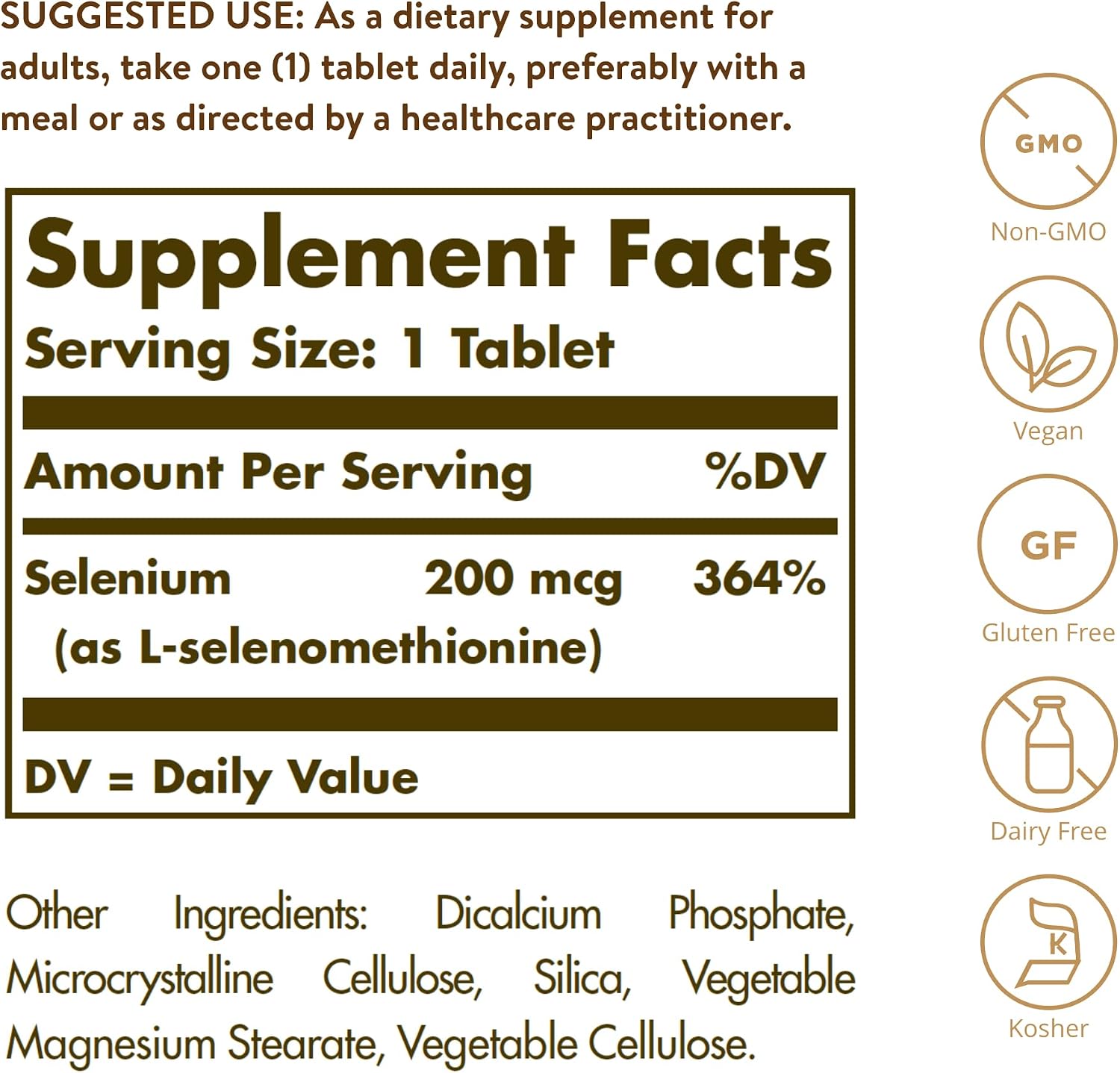 Solgar Yeast-Free Selenium 200mcg, dietary supplement tablet bottle packaging, no flavour, 250 tablets, ingredients and nutritional information