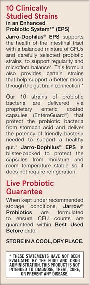 Side Image: Jarrow Formulas Jarro Dophilus EPS 50 billion CFU probiotic 30 veggie capsules front packaging
