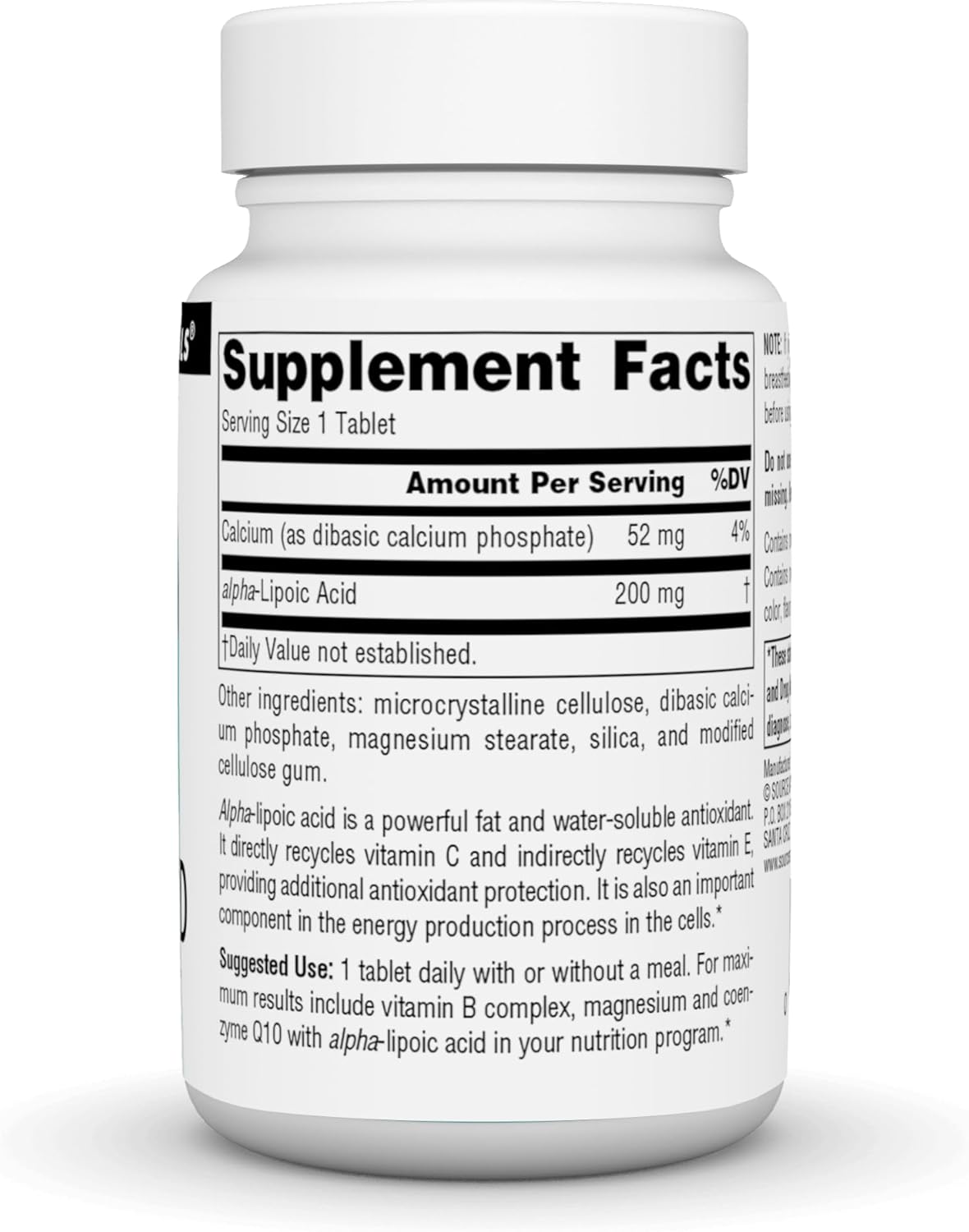 Supplement facts & ingredients image: Source Naturals Alpha Lipoic Acid 200mg tablets ingredient panel 60 count
