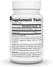 Supplement facts & ingredients image: Source Naturals Alpha Lipoic Acid 200mg tablets ingredient panel 60 count